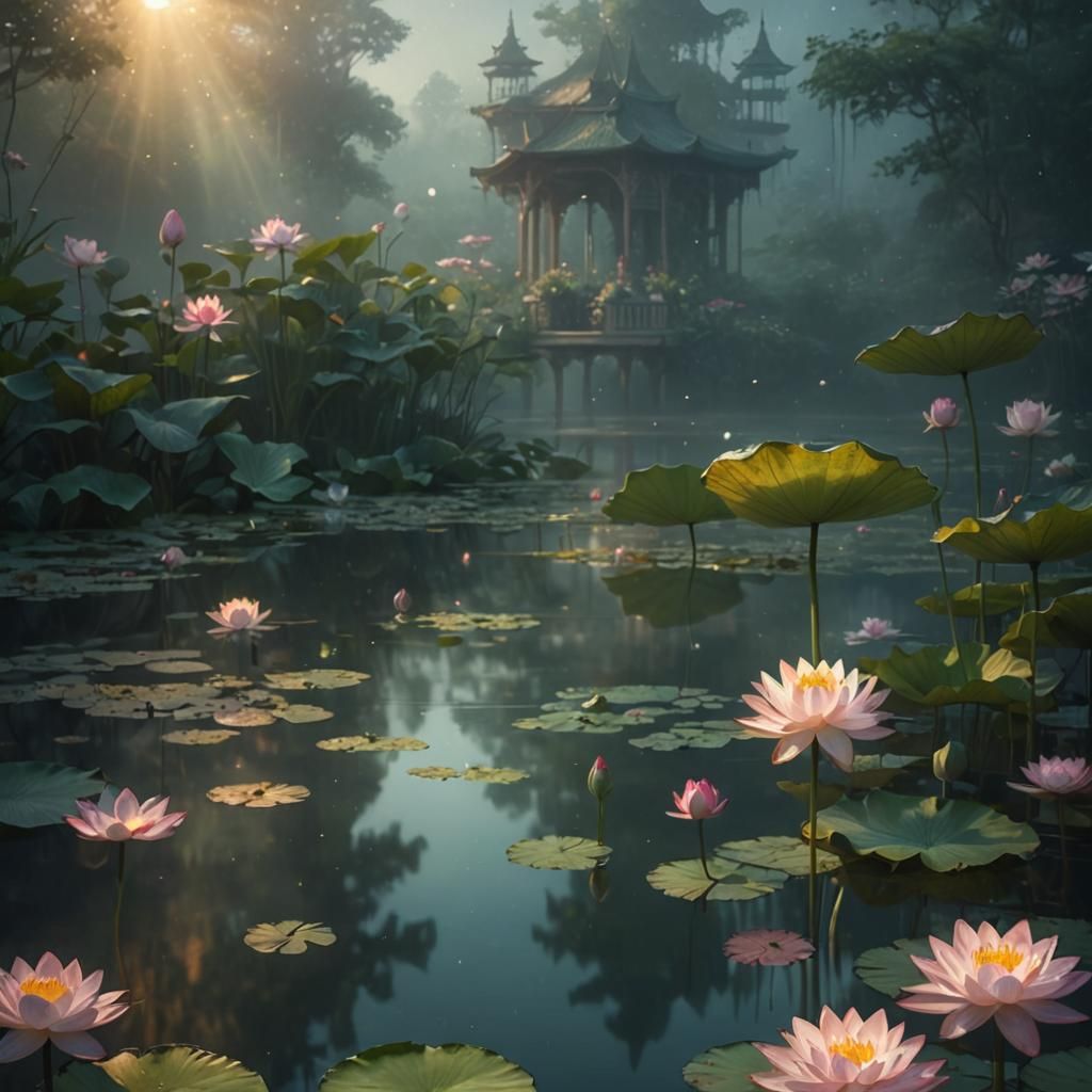 Ethereal Lotus and Lily Fantasy Landscape