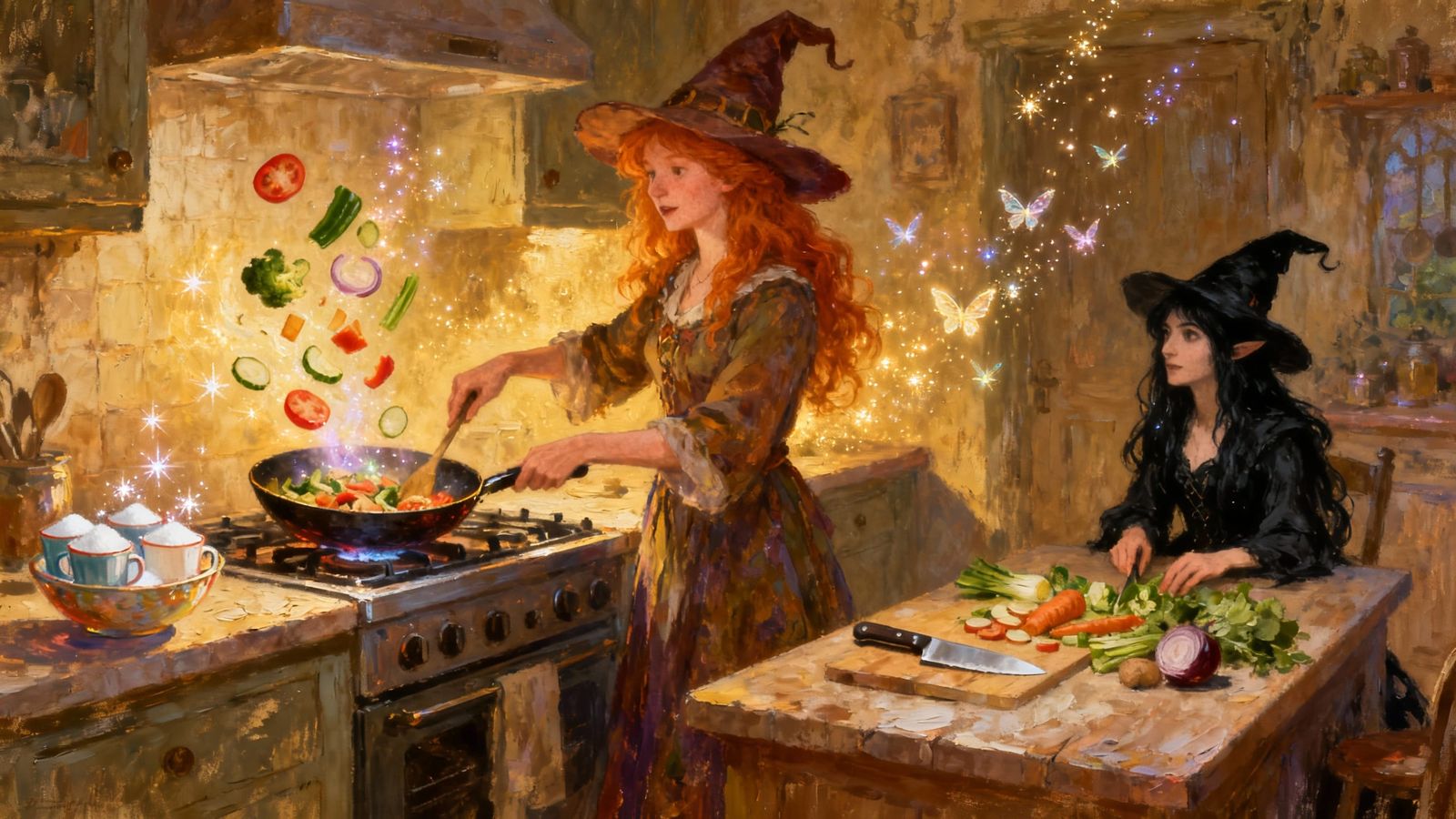 Ginger Witch Cooks Stir Fry with Magic in Oil Painting