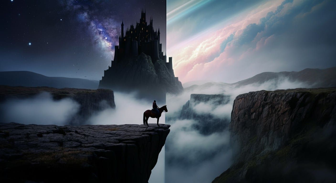 Dark Castle Over Abyss with Lone Rider