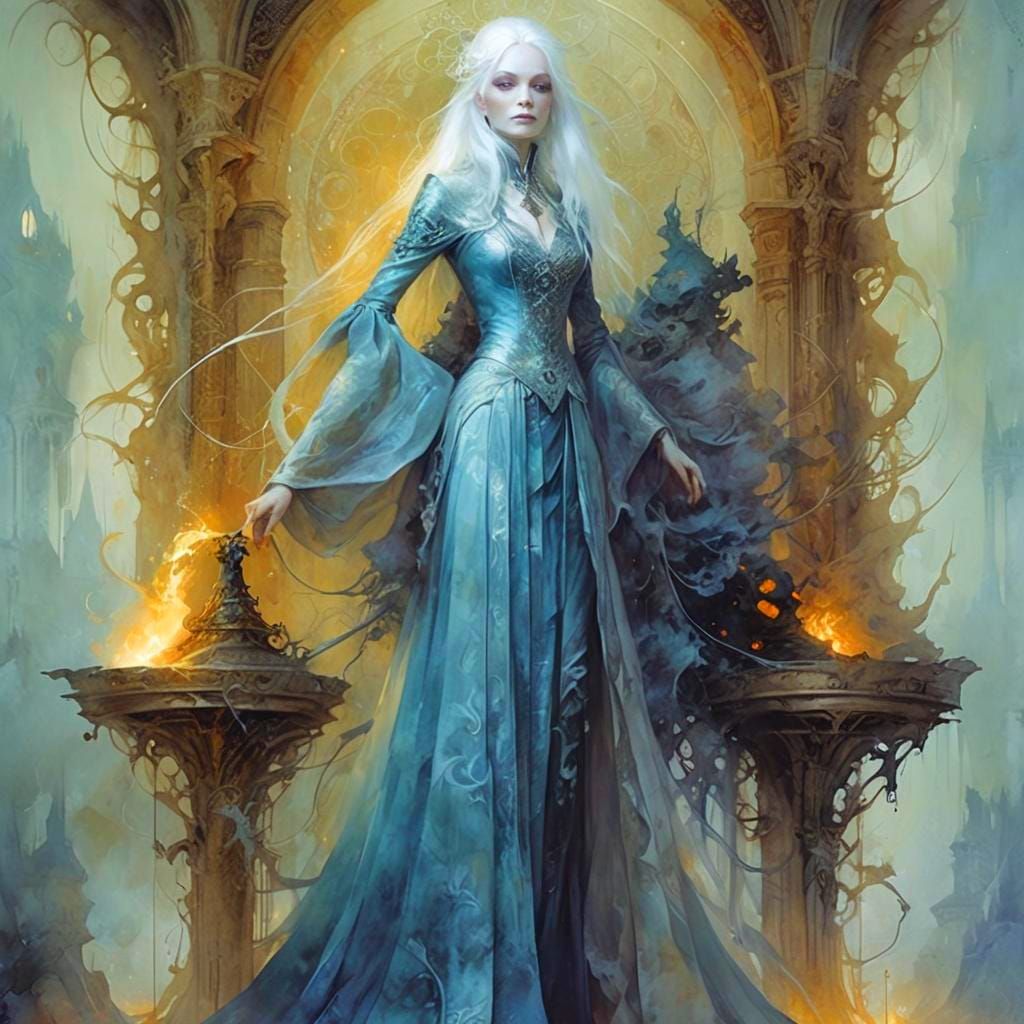 Mysterious Mage with White Hair in Avant-Garde Style