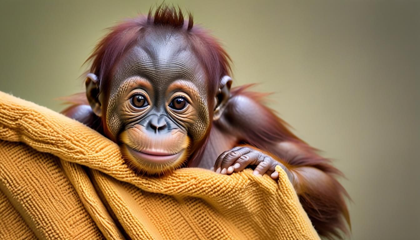 Baby Orangutan Cuddling a Blanket