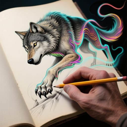 Wolf Escapes Sketchbook in Surreal Art Transformation