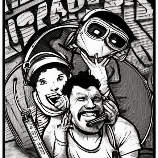 Cartoon Heroes Forging Skateboard: Black and White Linocut