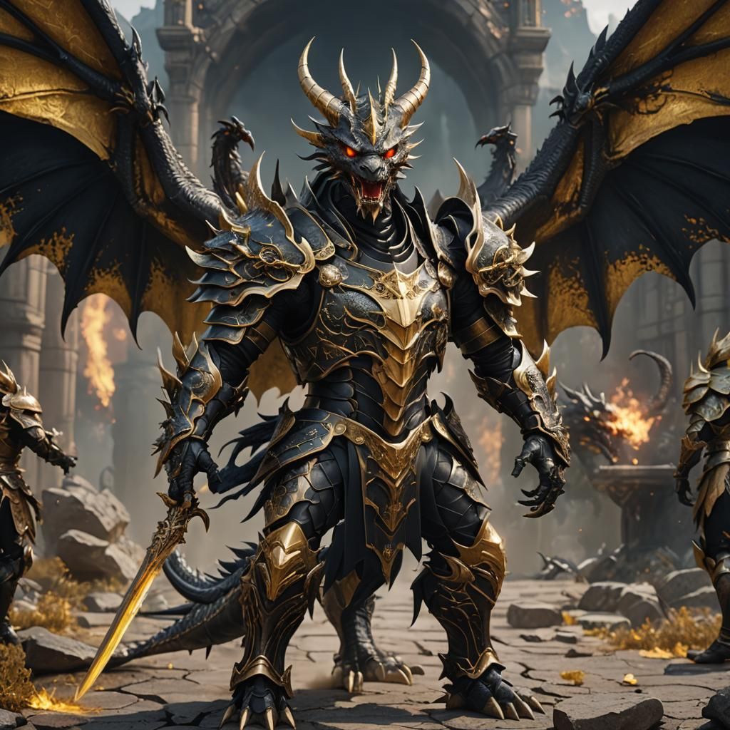 Demonic Porcelain Dragon in Black and Gold Armor
