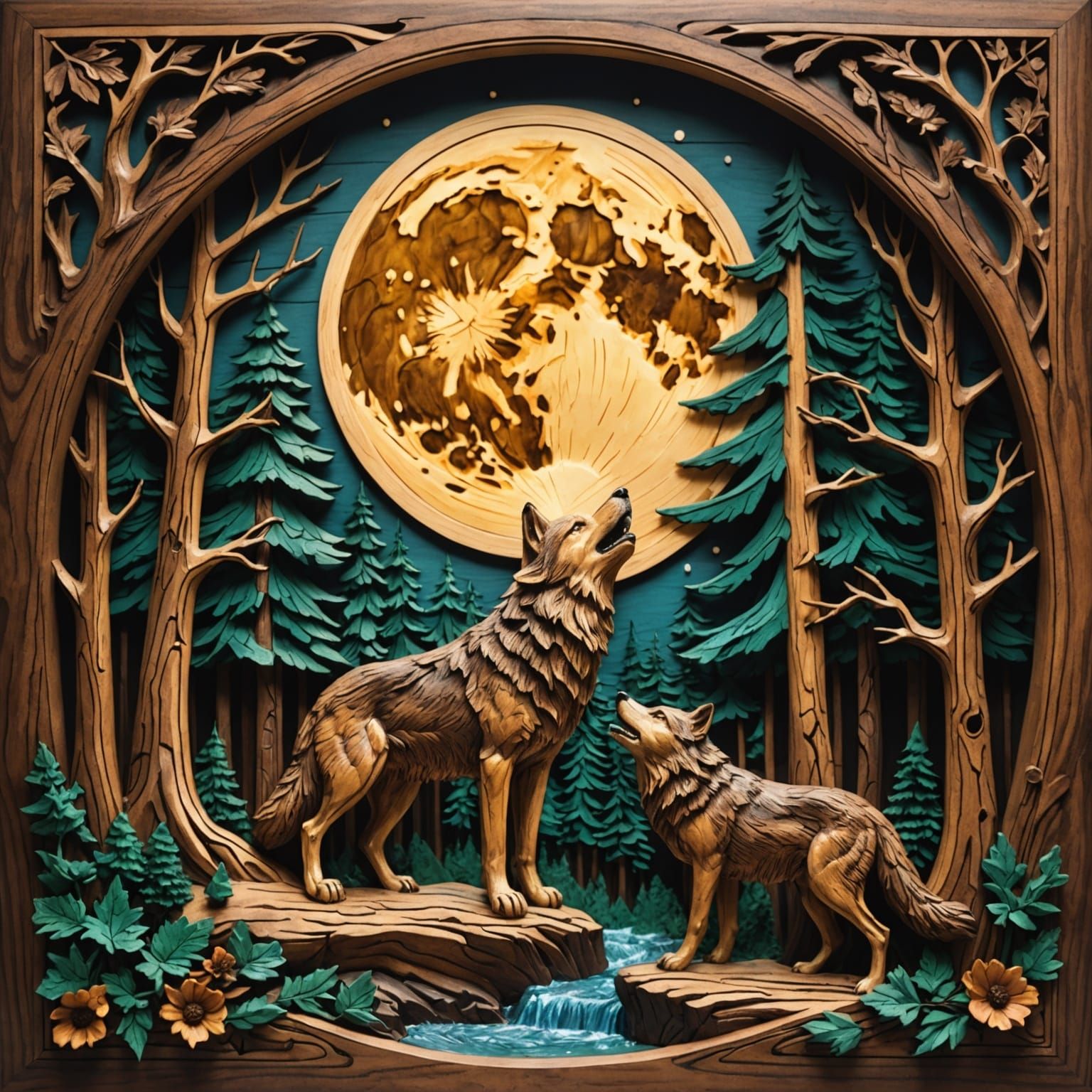 Detailed Wood Relief of Howling Wolves