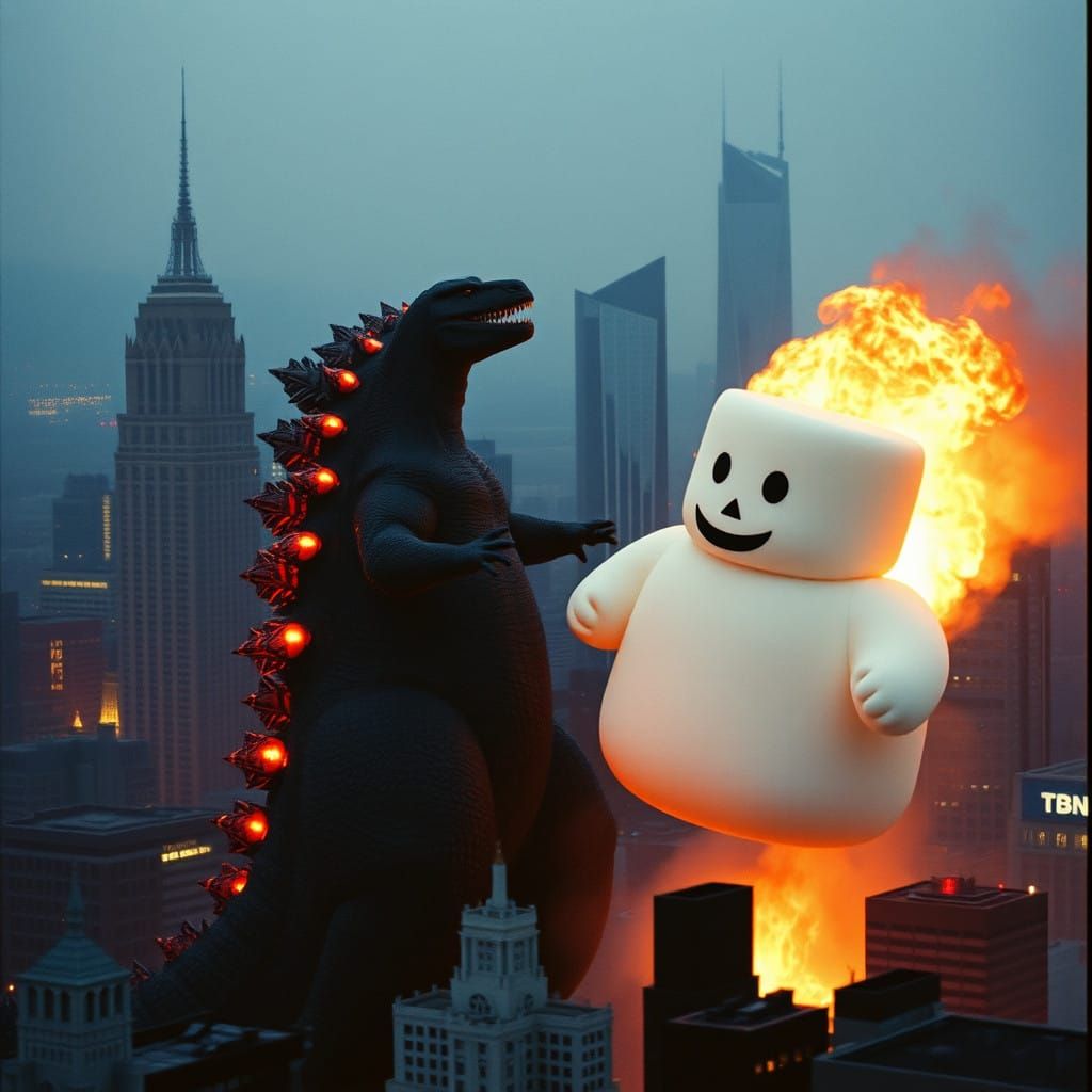 Godzilla Battles the Marshmallow Giant in a Fiery Urban Canv...