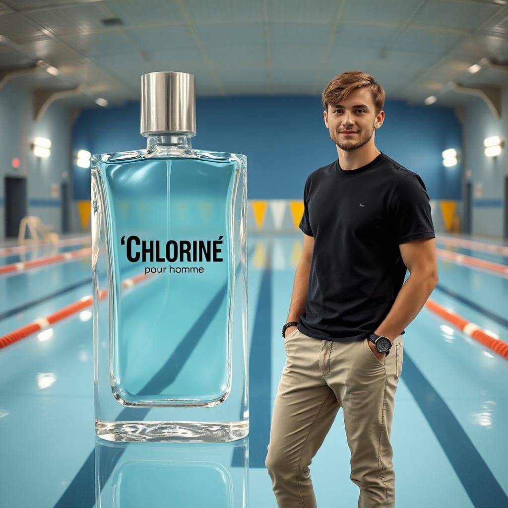 Man Stands Beside Futuristic Bottle of Chlorine Aftershave w...