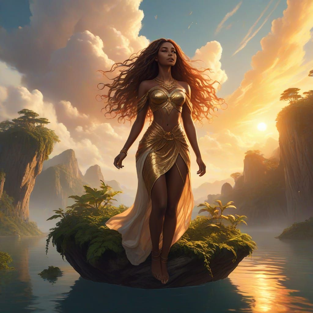 Brown Skin Woman on Floating Island in Vibrant Fantasy Art