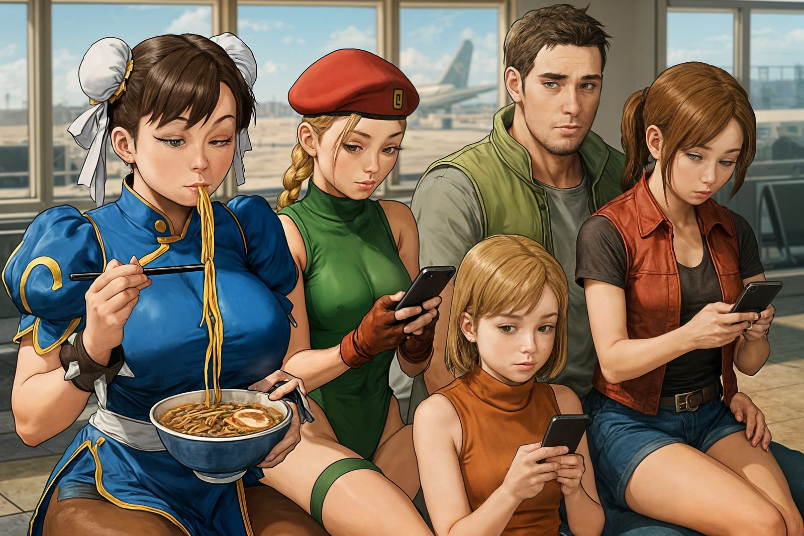 Capcom Characters in Airport Waiting Hall Illustration