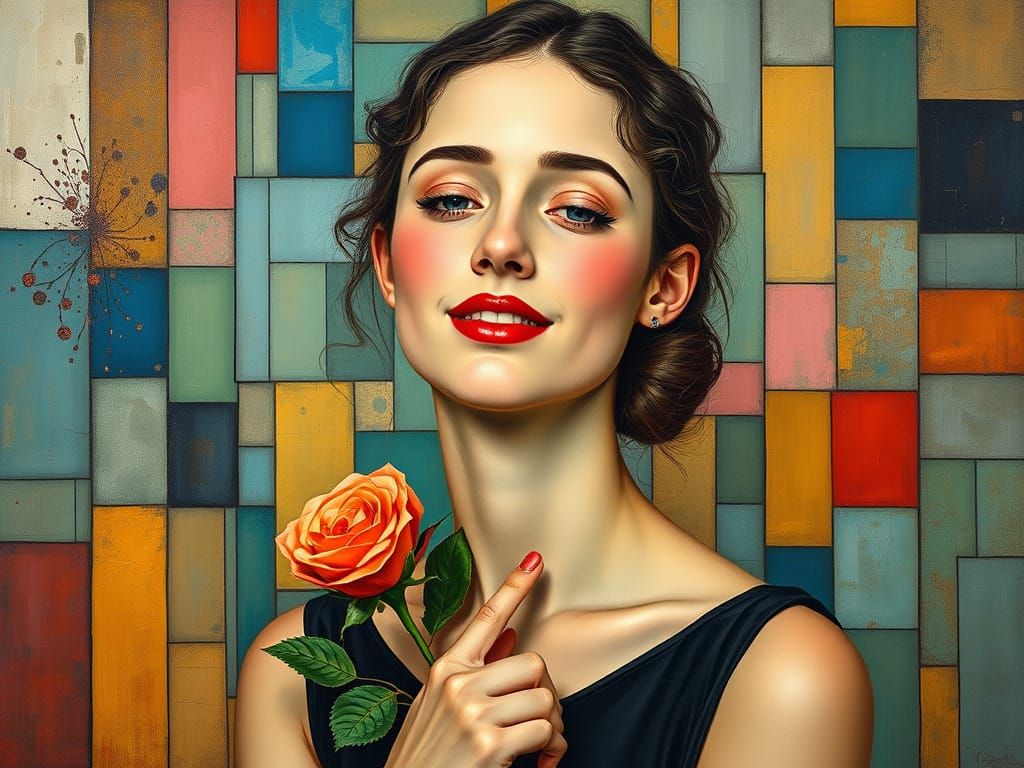 Ethereal Beauty with Vibrant Rose in a Geometric Garden