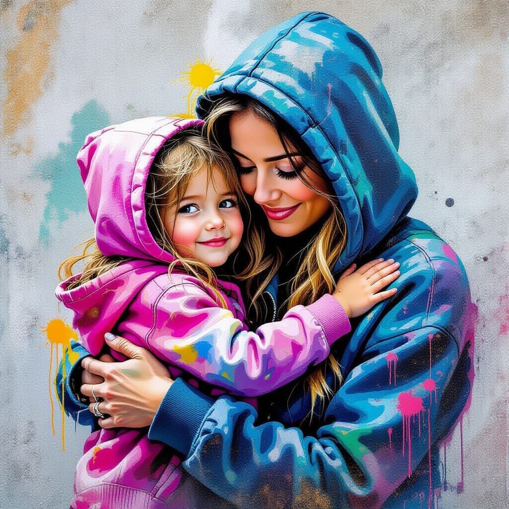 Girl Hugging Mother on Graffiti Art Wall