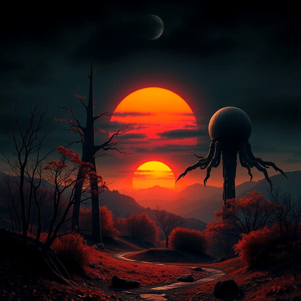 Surreal Sunset on Futuristic Japanese Landscape