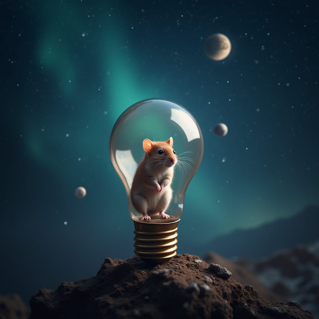 Hyperrealistic Mouse in a Celestial Light Bulb Scene