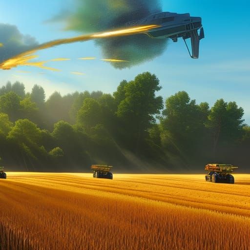 Hyperrealistic Harvesters in Wheat Field at Sunset