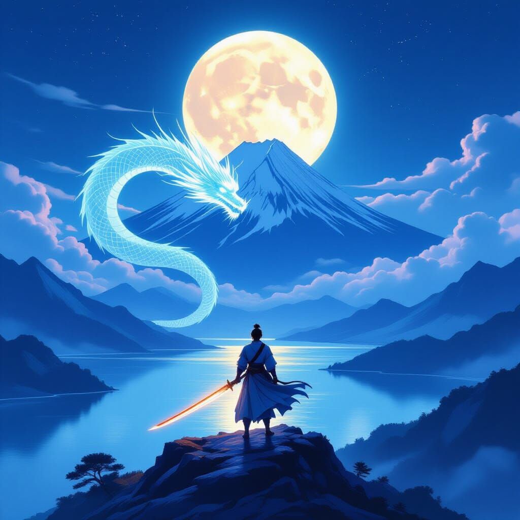 Anime Warrior Battles Dragon Under Moonlit Mount Fuji