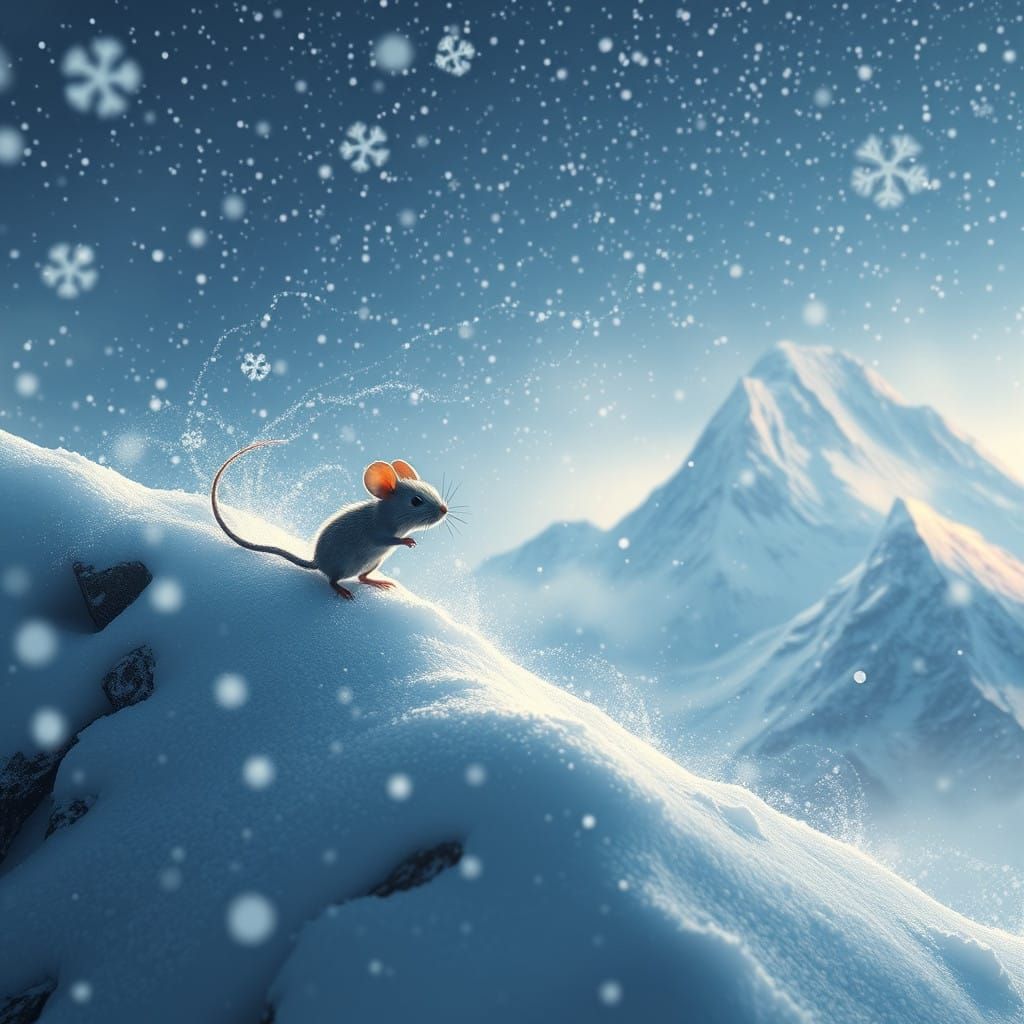 Whimsical Mouse Ascends Snow-Covered Slope in Fantastical Wi...