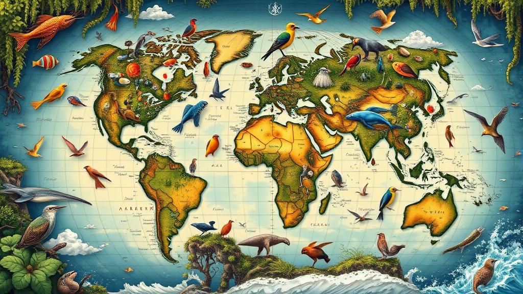 Eclectic World Map with Animals in Biopunk Style