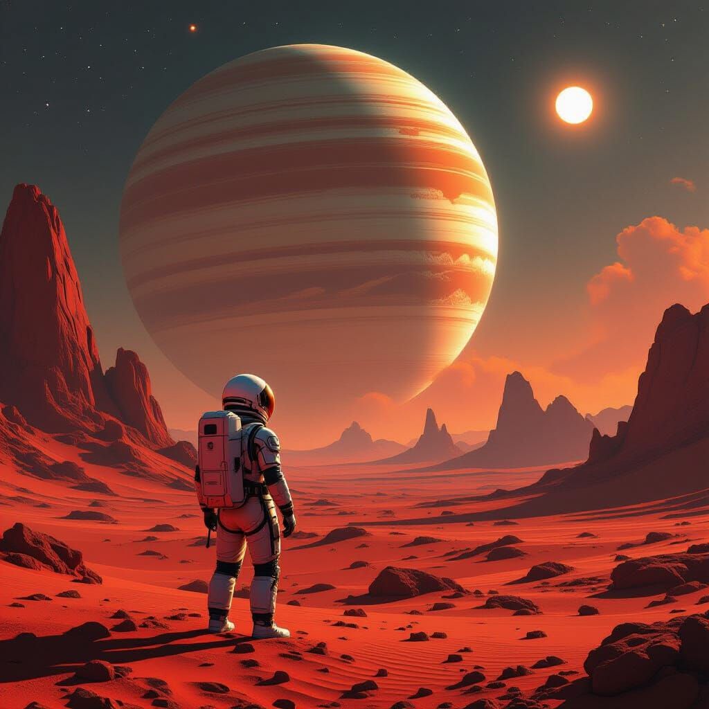 Astronaut Gazes at Ringed Planet on Crimson Desert