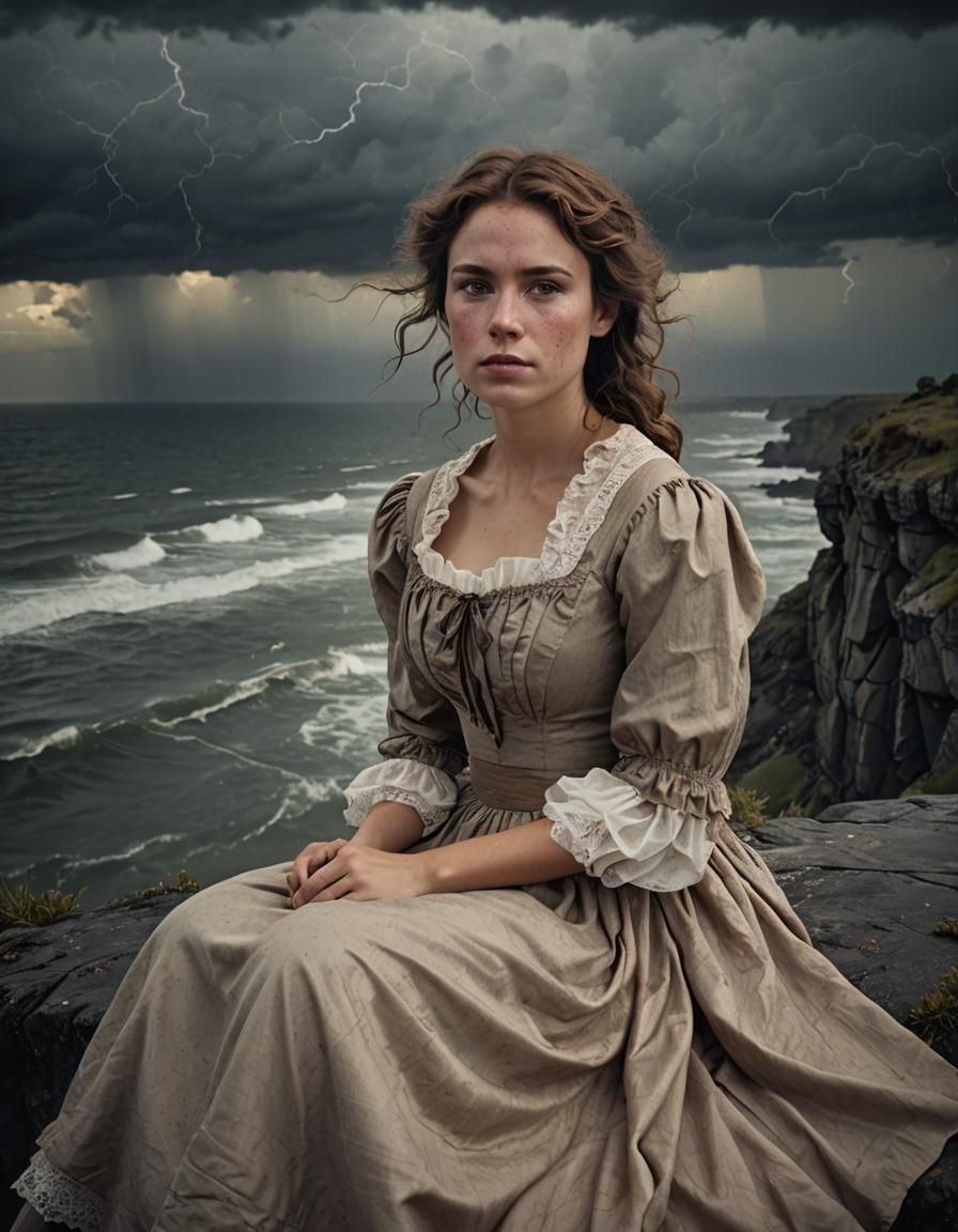 19th Century Woman on Cliff During Storm