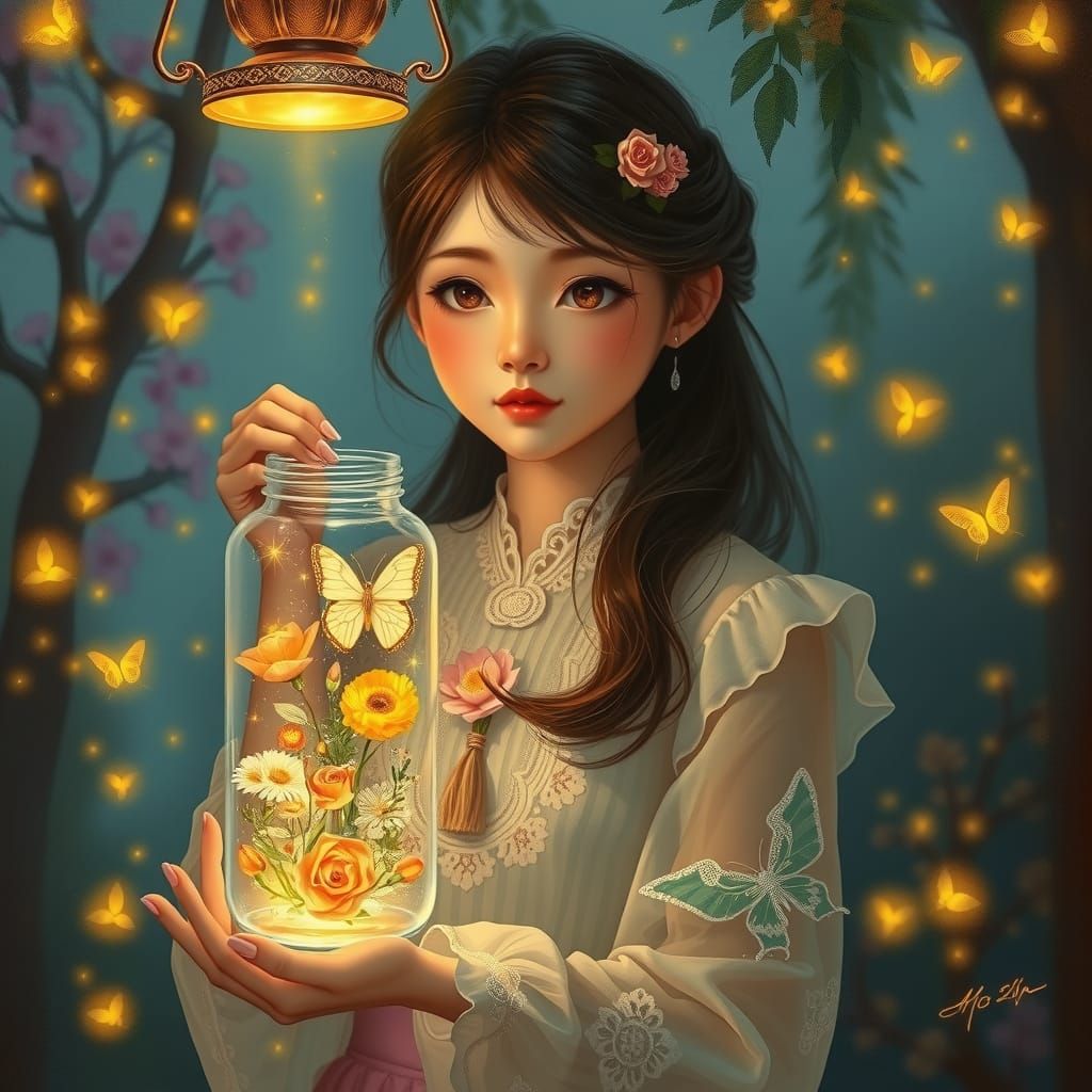 Woman with Jar of Flowers in Dreamy Light