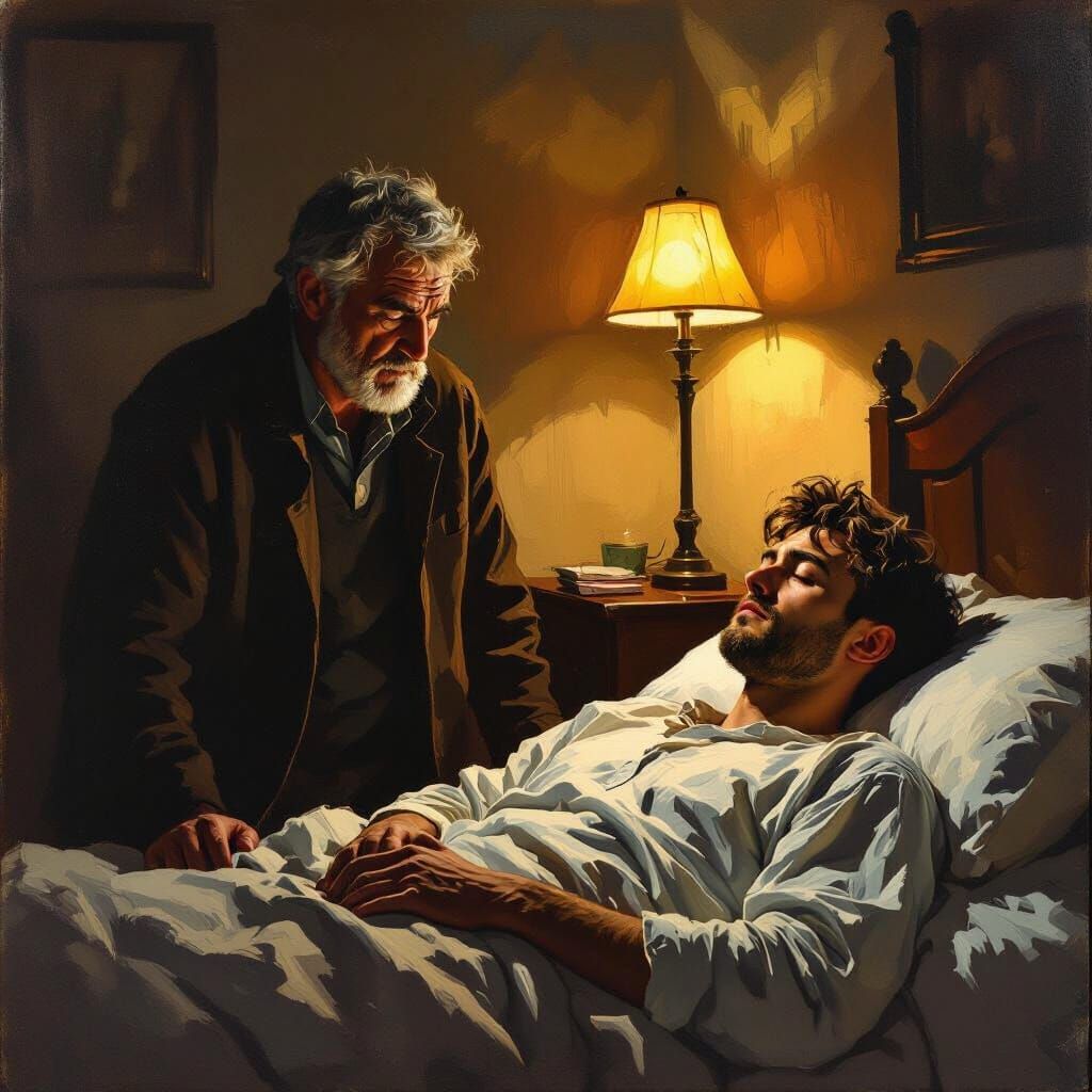 Dramatic Oil Painting of Worried Man and Ill Youth
