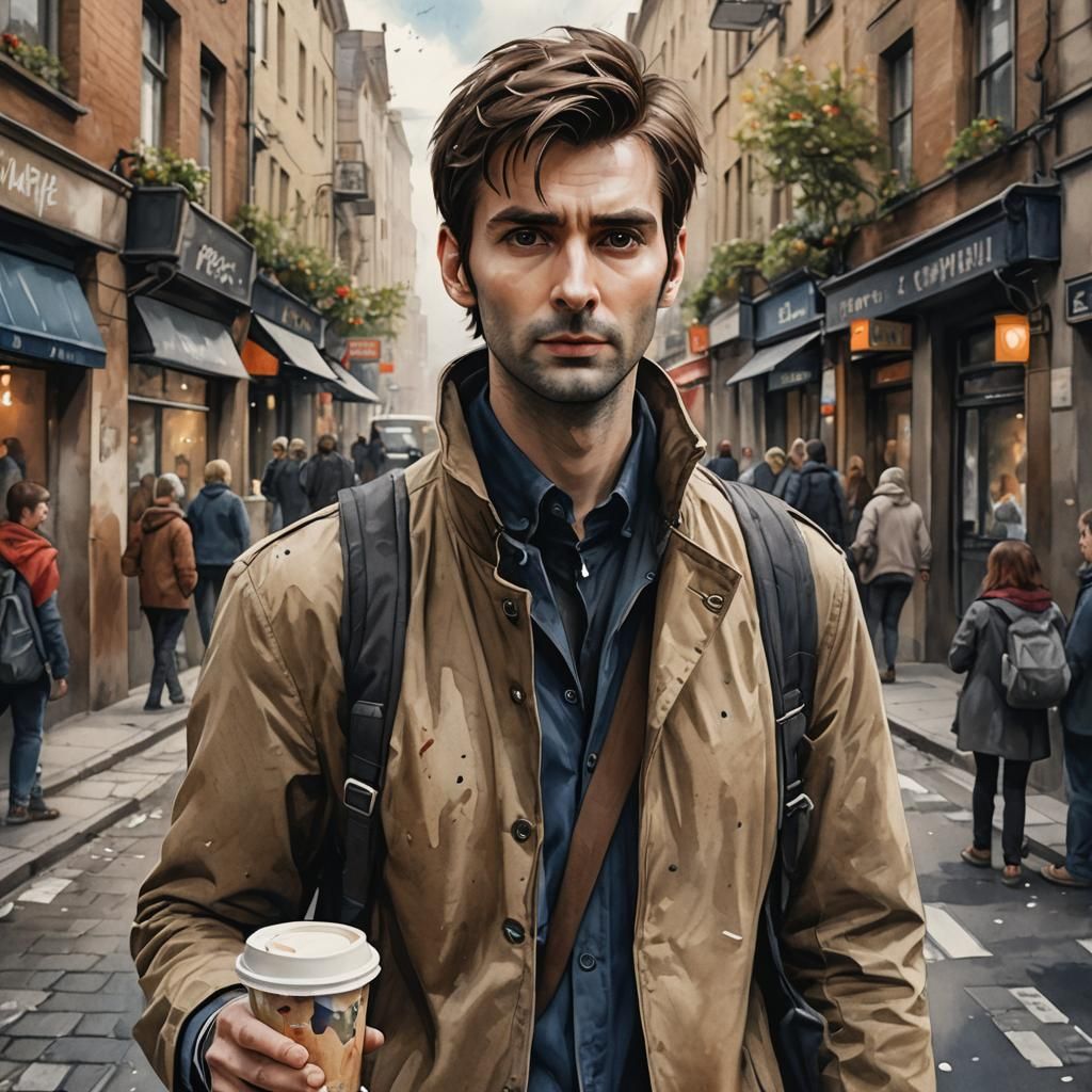 Young Man Drinking Coffee, Watercolor Art