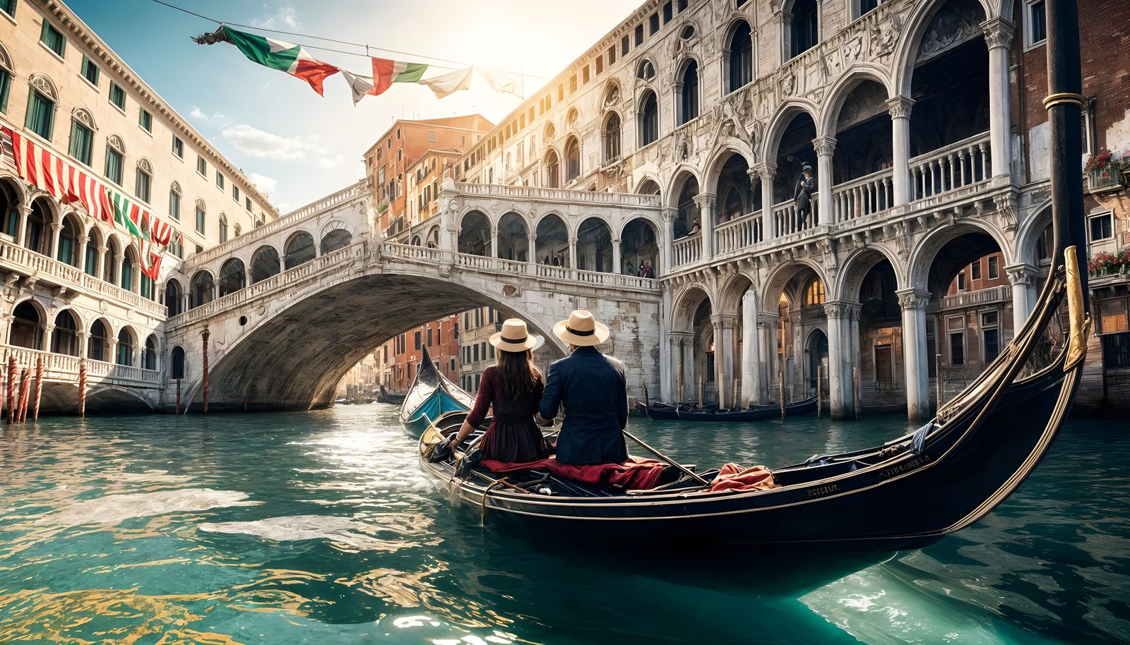 Venice Gondola Ride at Rialto Bridge in Sunlight