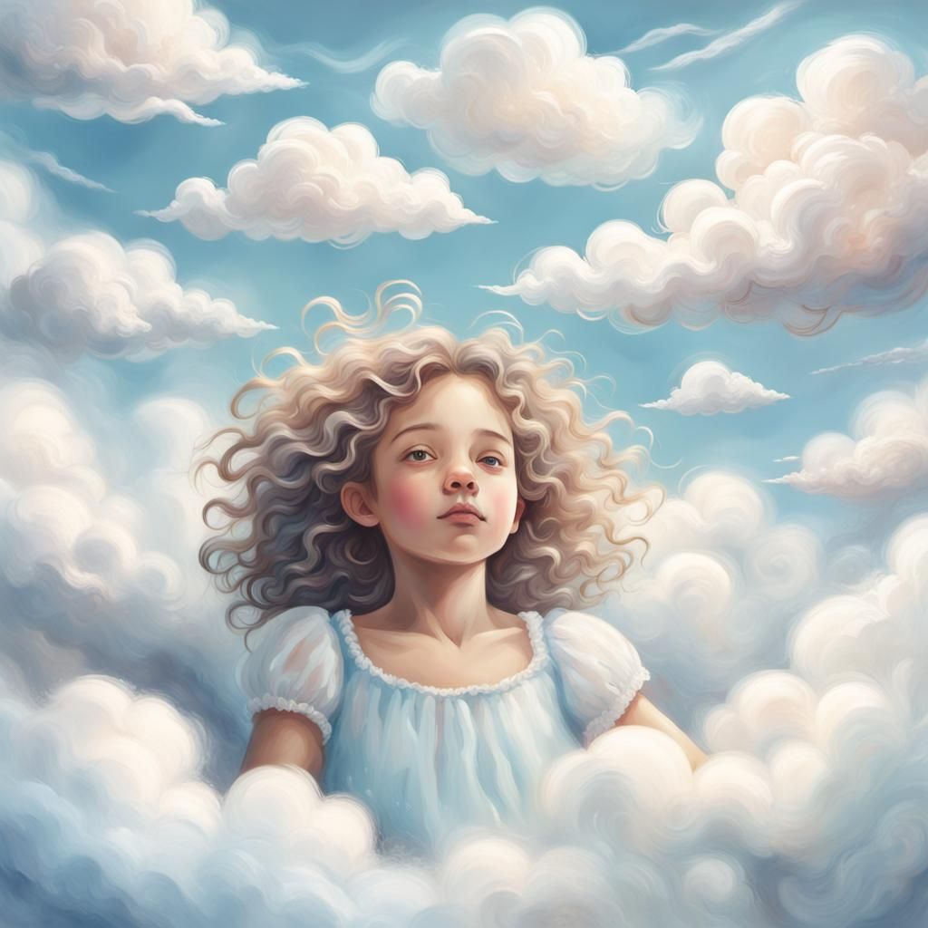 Girl Floating in Clouds: Whimsical Illustration
