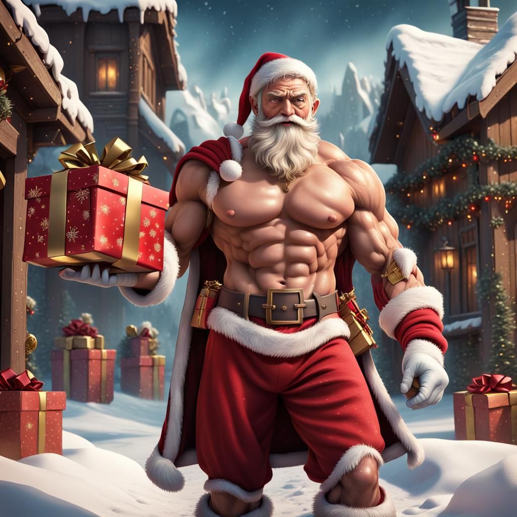 Muscular Santa Claus with Gifts: Fantasy Concept Art