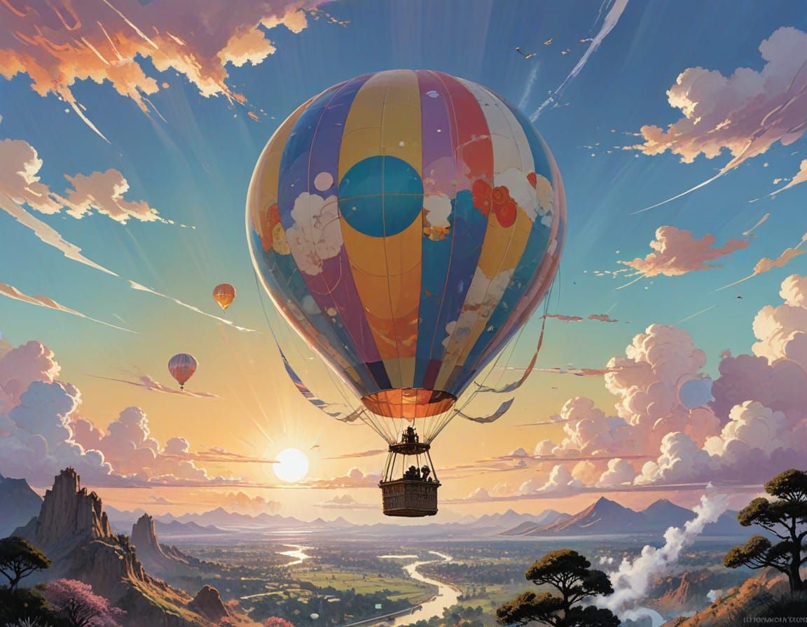 Vibrant Hot Air Balloon Flies Through Pastel Sky in Whimsica...