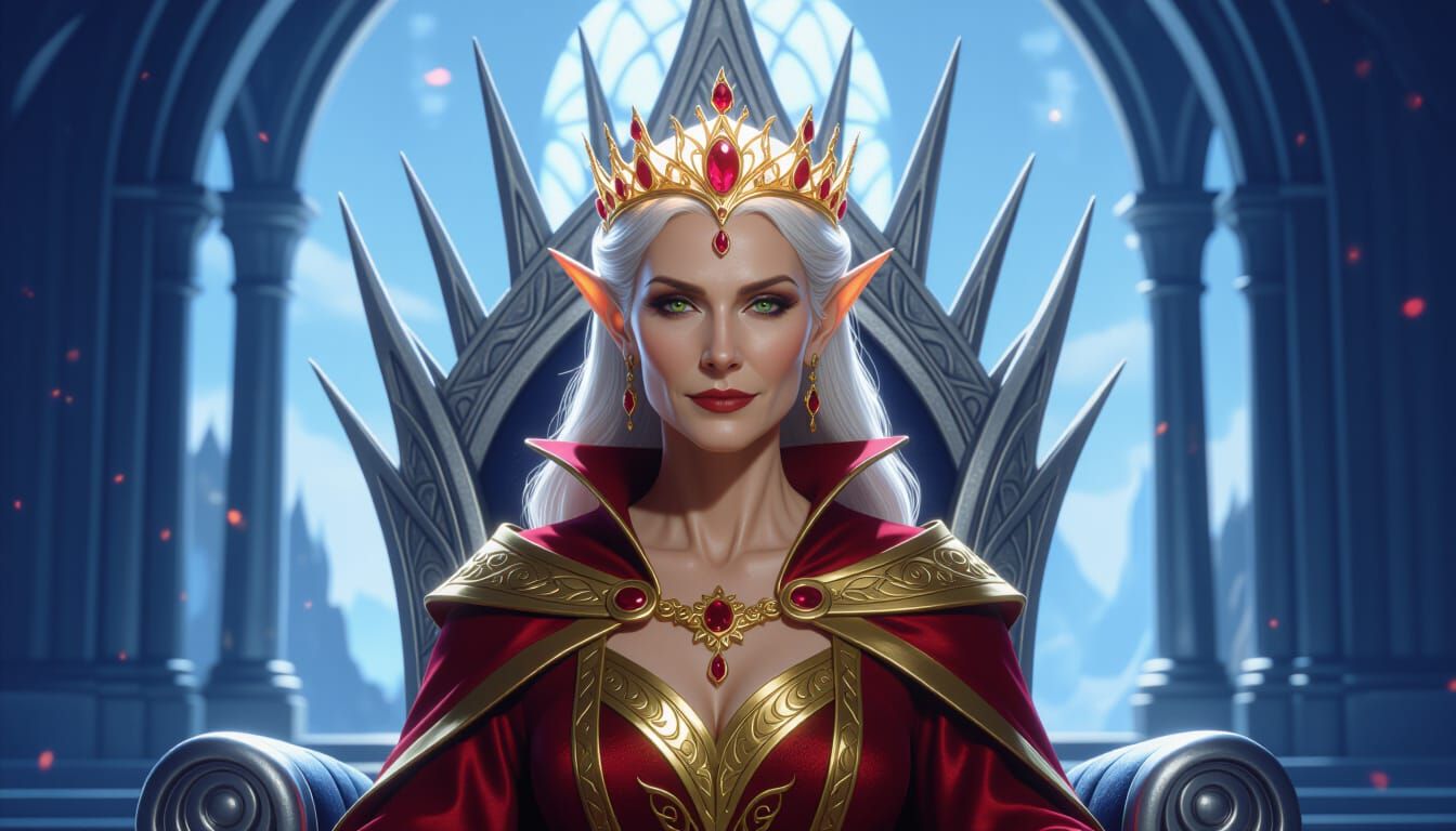 Regal Elf Queen with Gemstone Tiara Before Majestic Throne