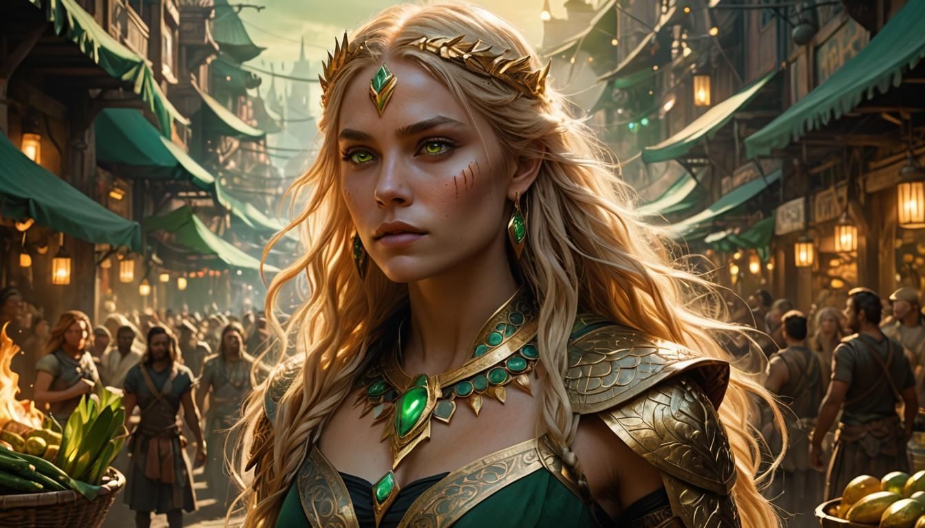 Warrior Sorceress Shines in Vibrant Amazon Market
