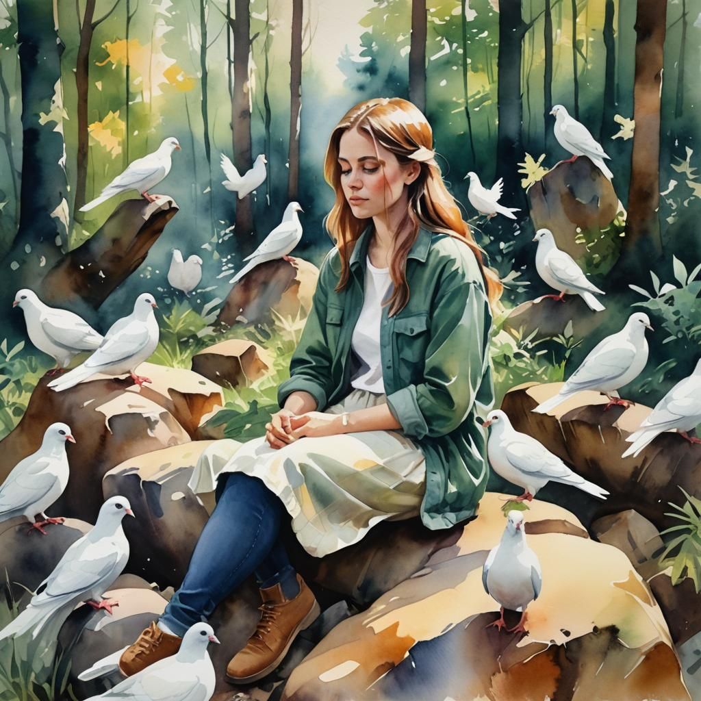 Girl with Pigeons in Dreamy Fauvist Watercolor