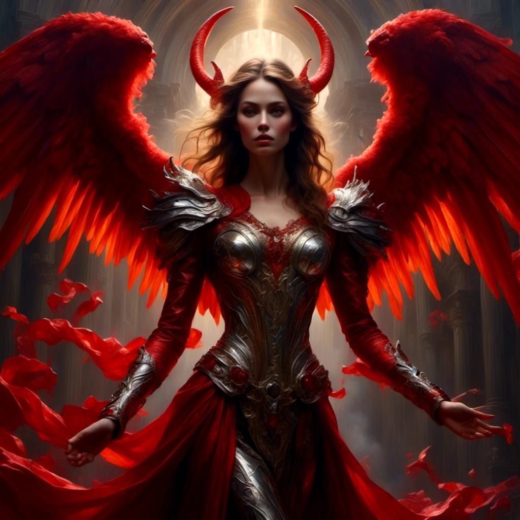 Metallic Demon Confronts Holy Archangel in Oil Painting