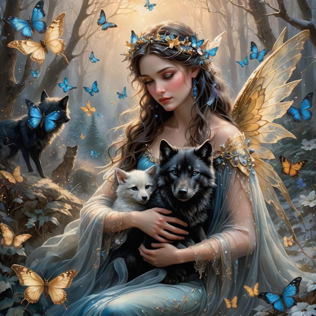 Winter Fairy with Wolf in Dreamy Pastel Hues