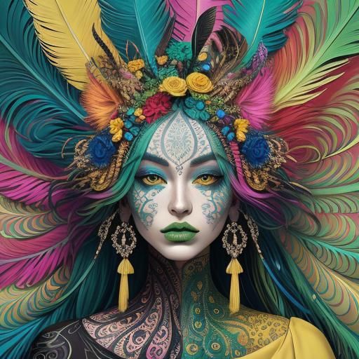 Surreal Dragon Peacock Woman Portrait in Abstract Style