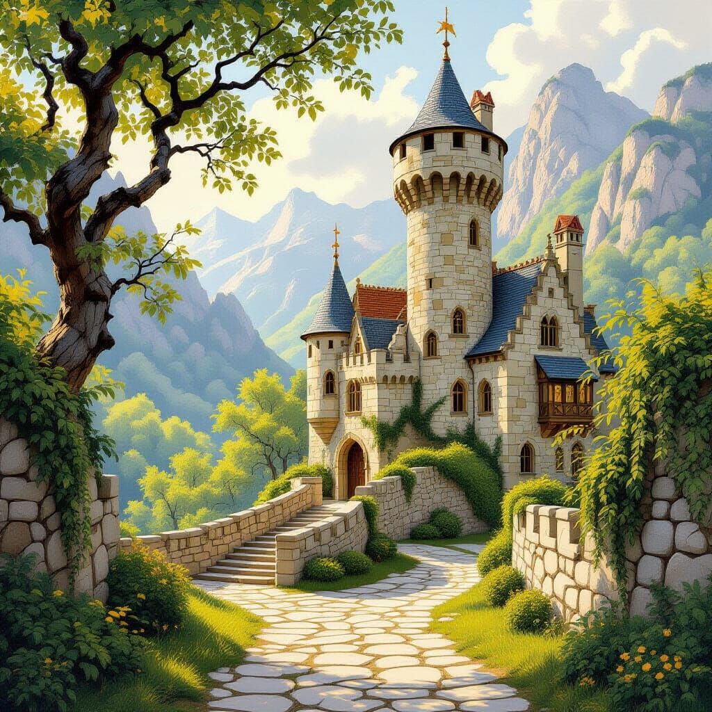 Fantasy Castle in Valley as Impressionist Painting