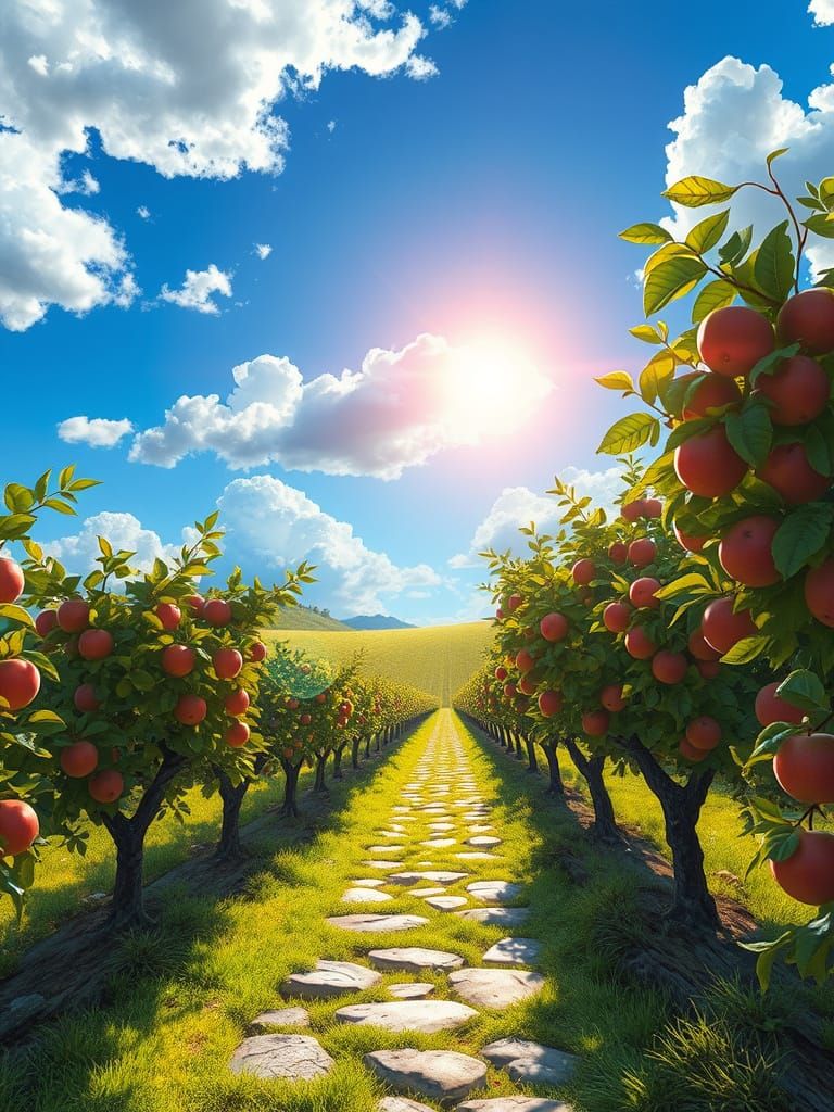 Sunlit Apple Orchard in Digital Painting Style