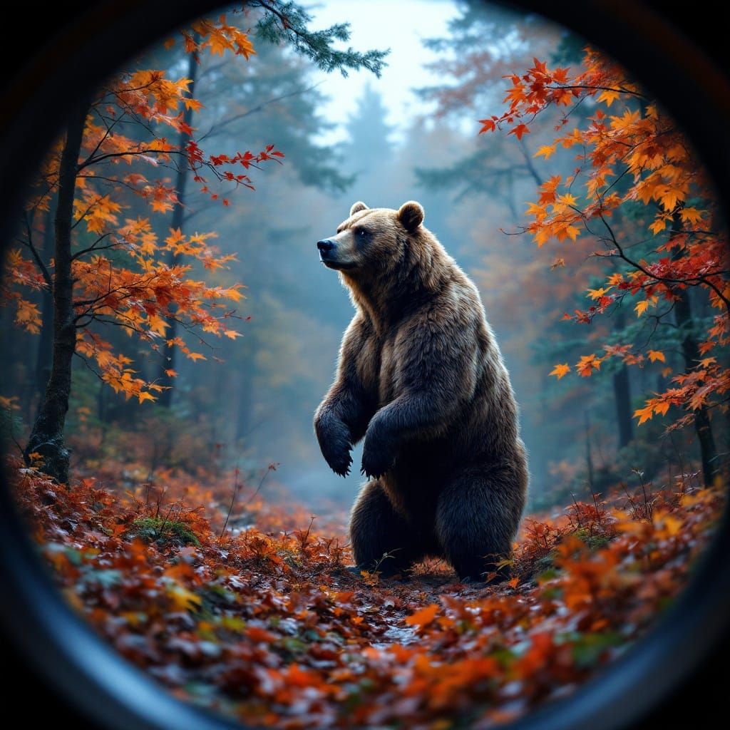 Hyper-Realistic Autumn Forest Scene Through Vintage Binocula...