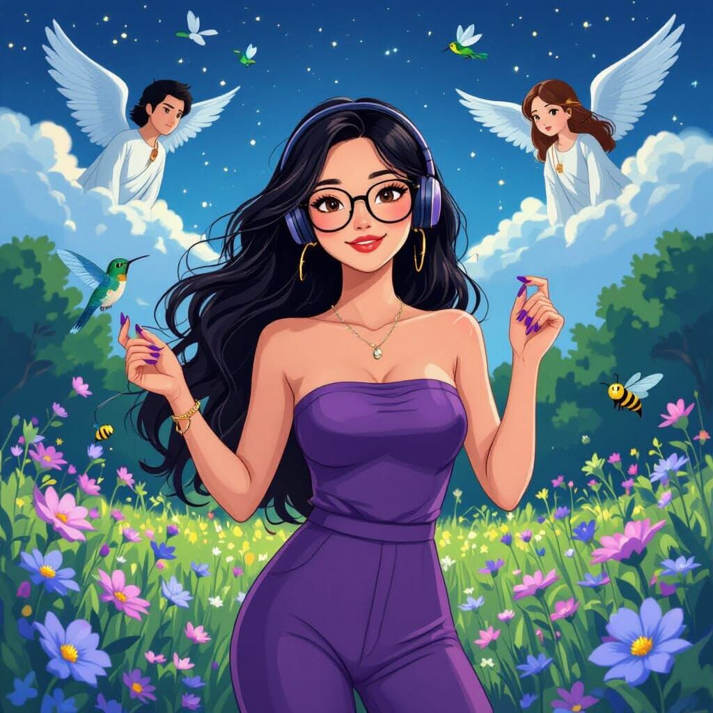 Dancing Asian Woman with Angels in Anime Style