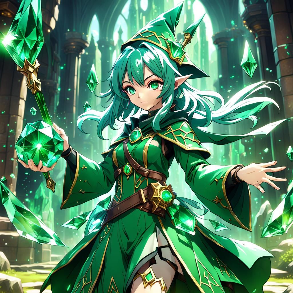 Anime Green Crystal Wizard Girl in Detailed Painting