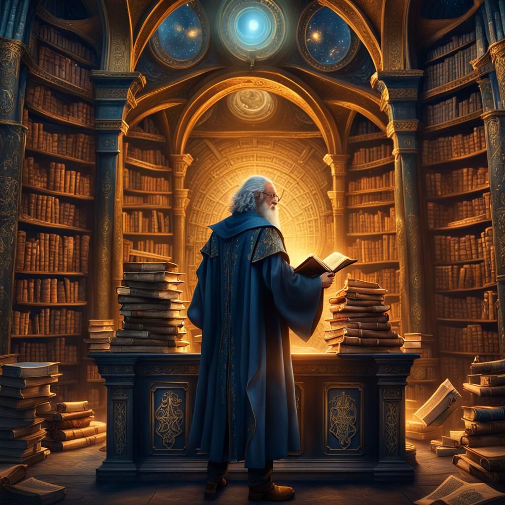 Mystical Wizard in Magical Library Concept Art