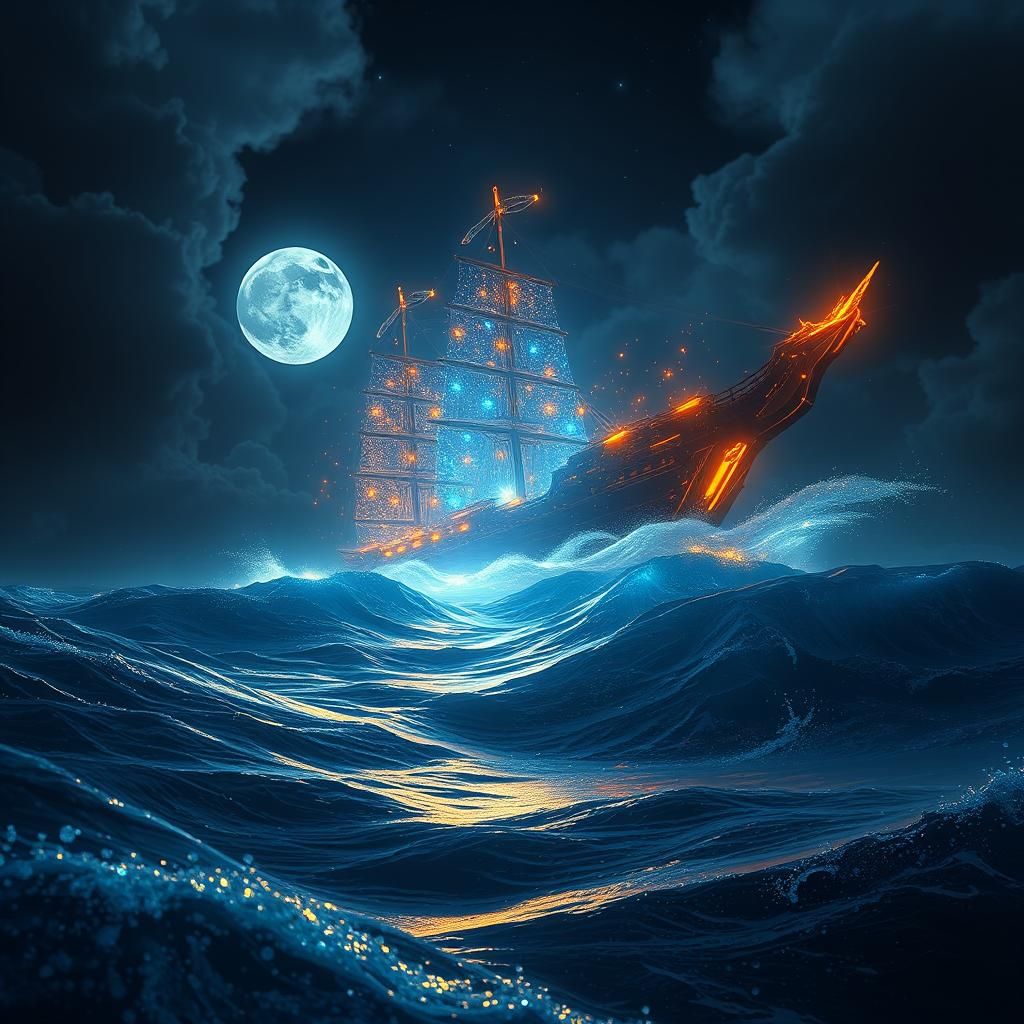 Ocean Waves Ship with Golden Orbs: Matte Painting
