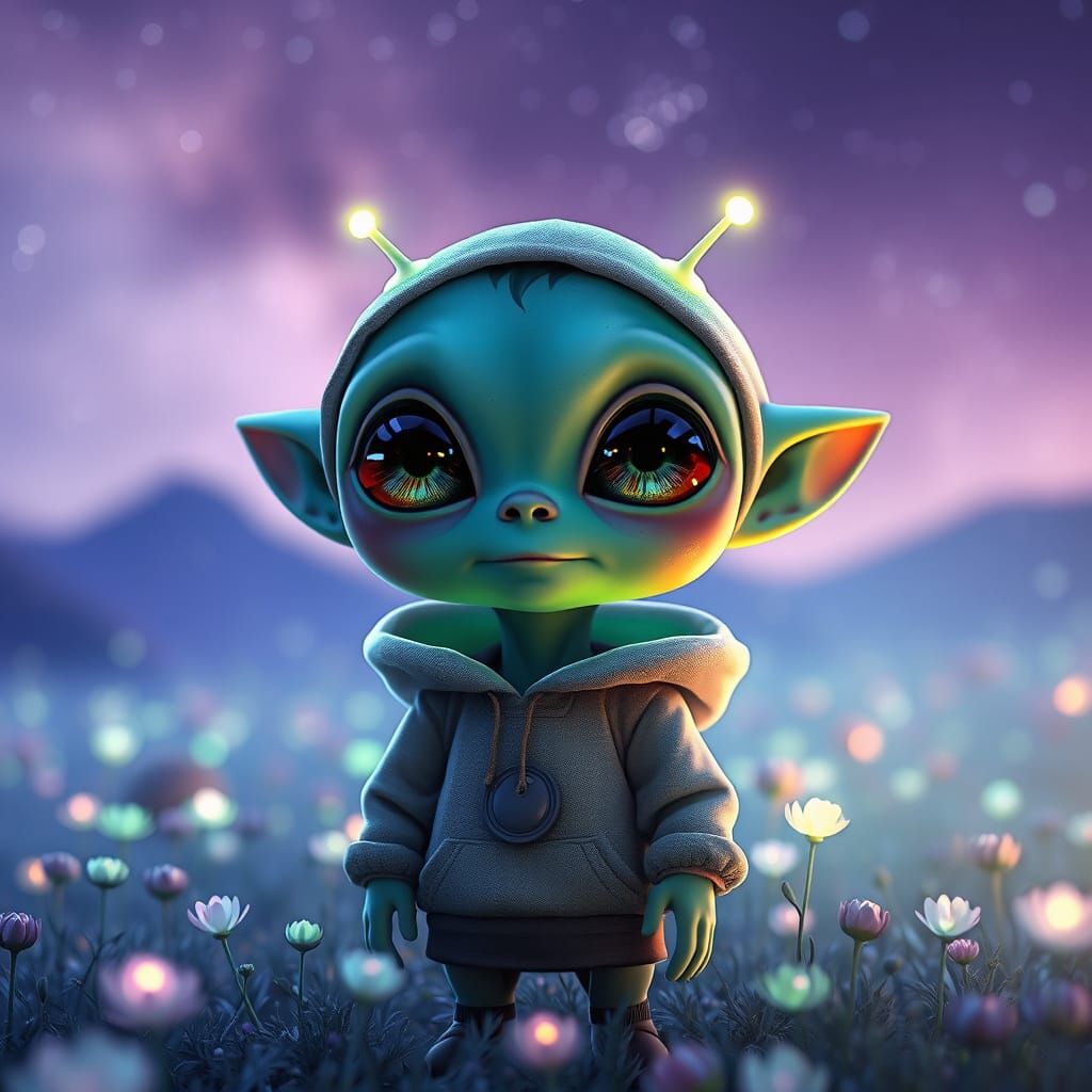 Cute Alien in Glowing Meadow: Fantasy Realism