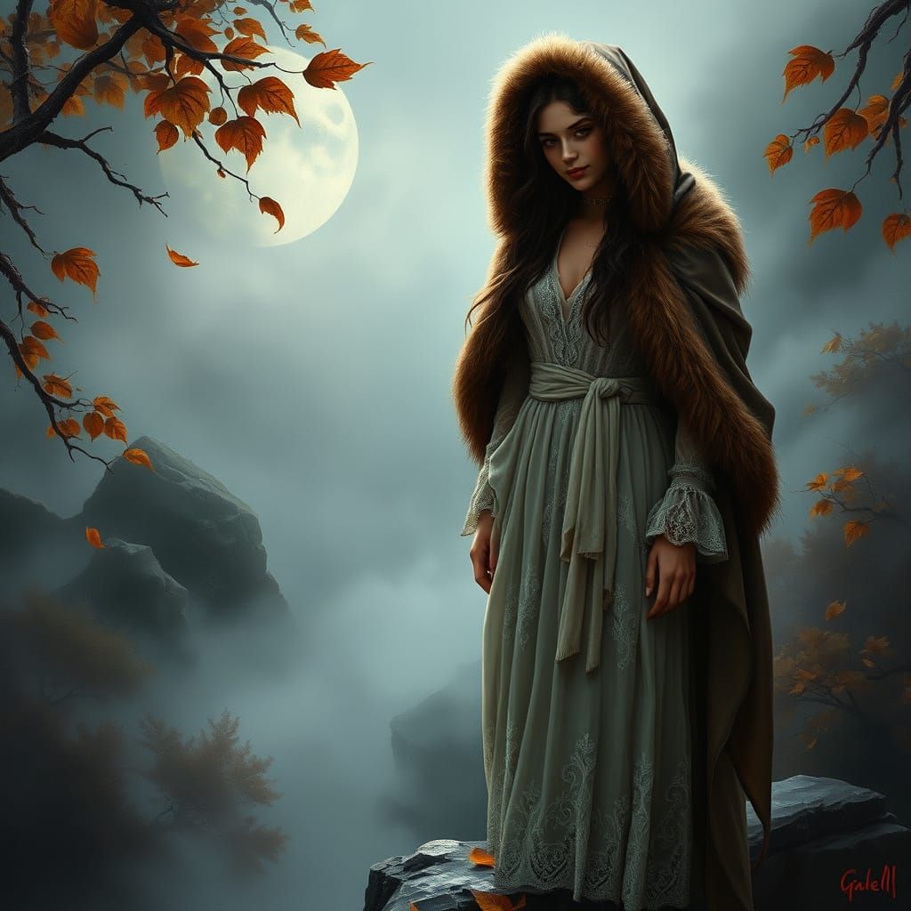 A breathtakingly beautiful young woman standing on a rocky ledge above a misty enchanted forest, wearing delicate transl...