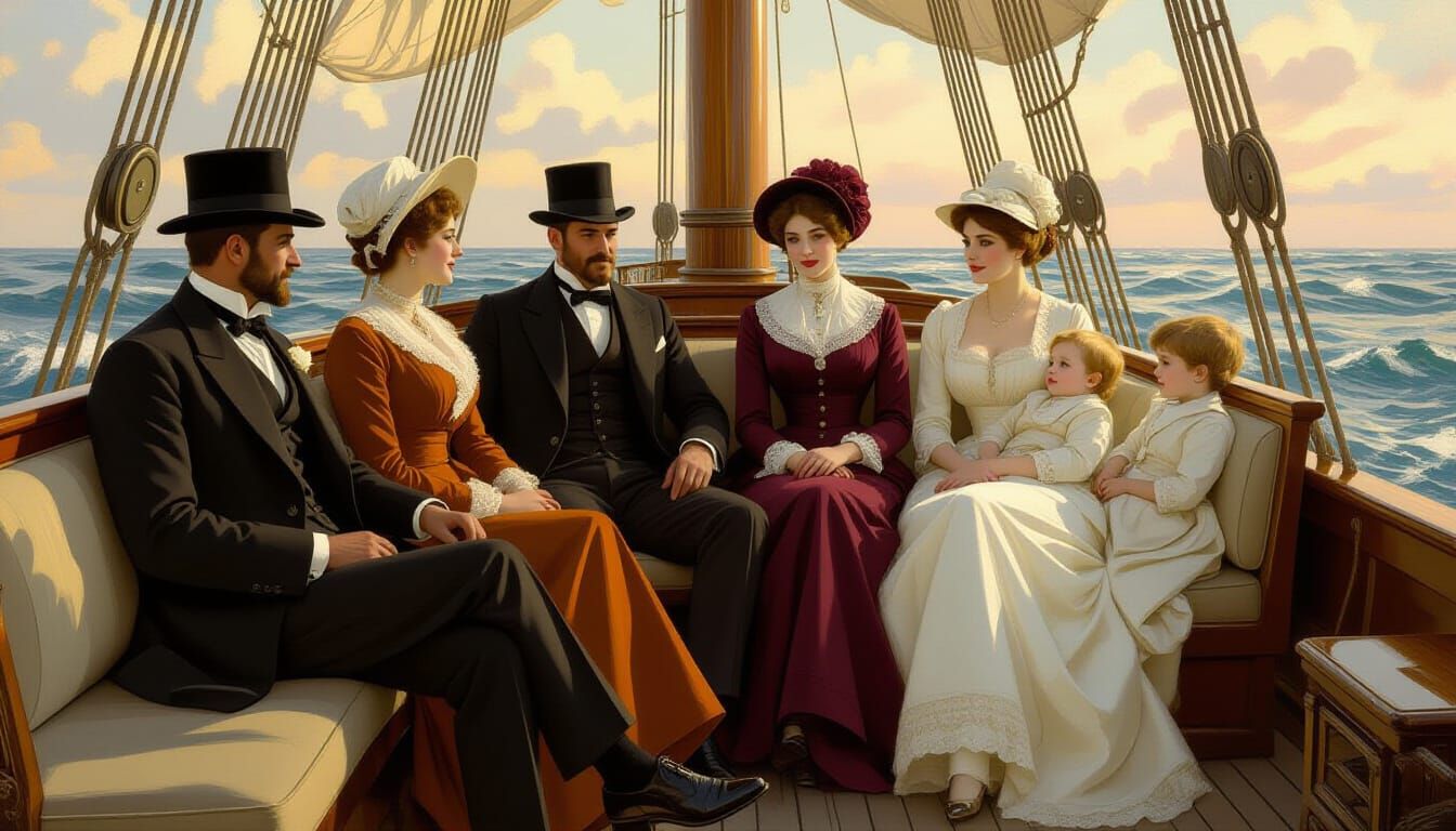 Elegant Voyage on Sailing Ship in Golden Light