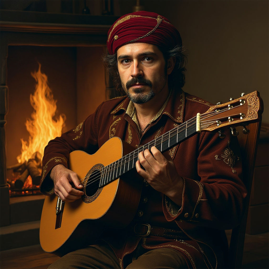 Gypsy Man Plays Guitar by Warm Firelight in Oil Painting