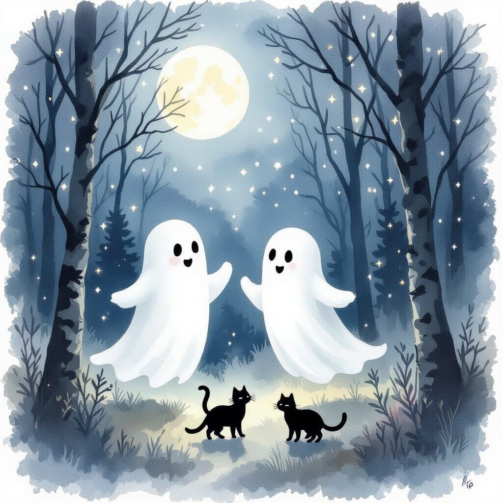 Two Ghosts and Black Cats in Moonlit Forest, Impressionist W...