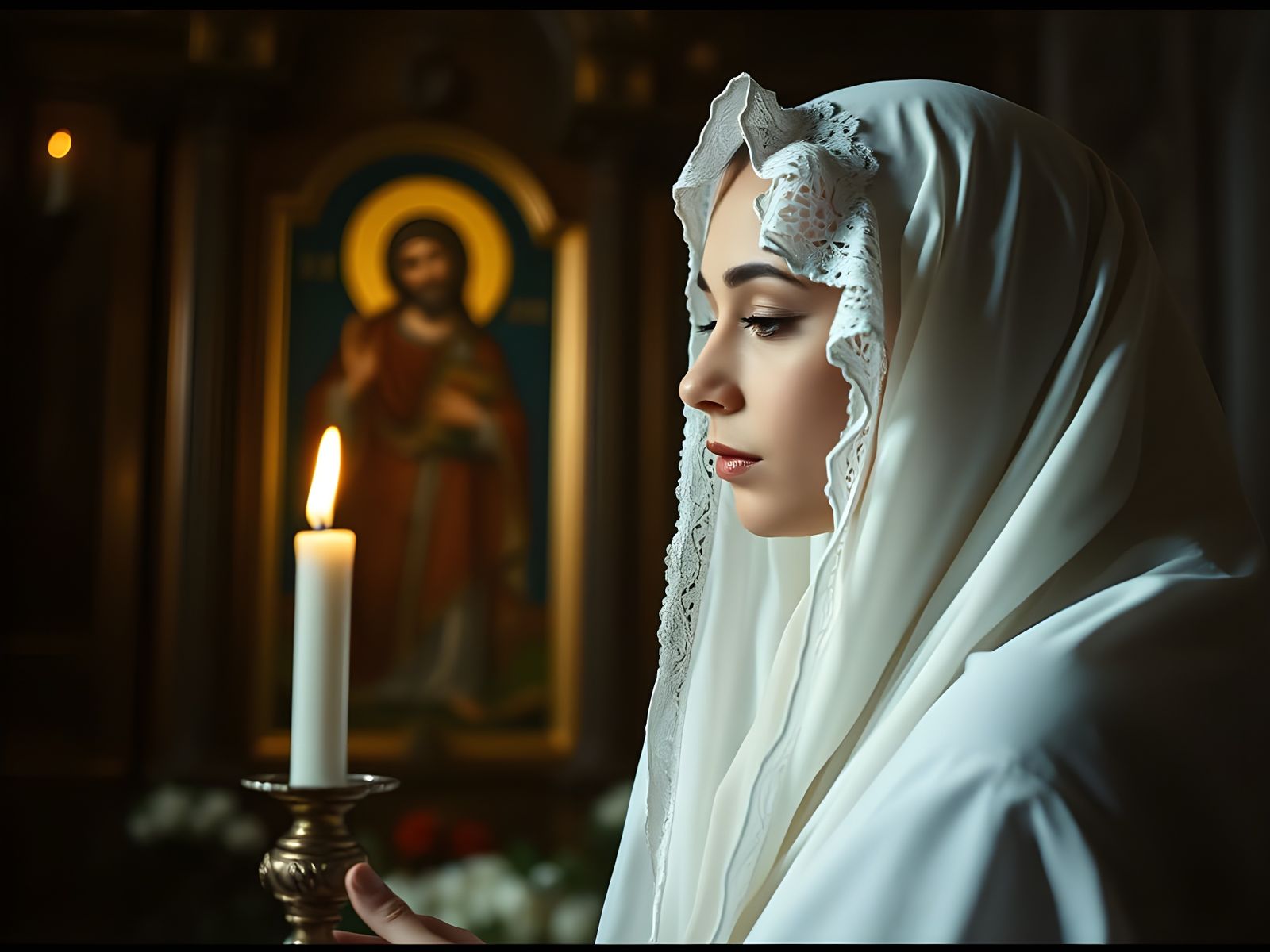 Beautiful Woman Prays in Temple with Icon and Candle