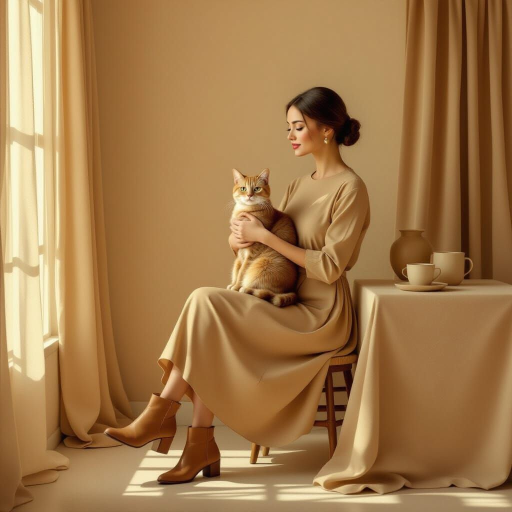 Woman in Tan Room with Cat, Vermeer-Inspired Light